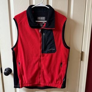 Eddie Bauer Mens Red Black Fleece Vest Windcutter Fleece Full Zip Pockets Size M